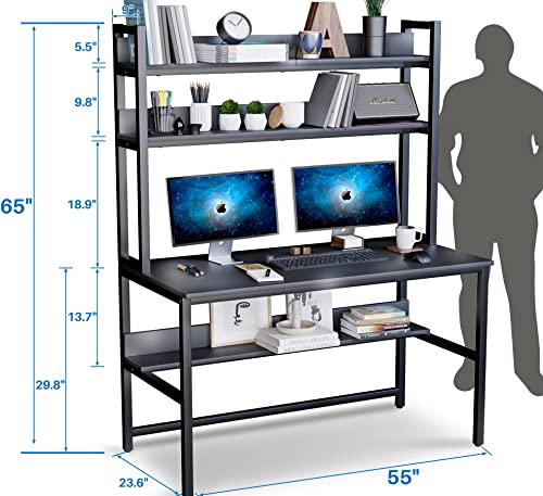 Aquzee Computer Desk with Hutch and Bookshelves, Large Leg Room 55 inch Width Black Desk with Space Saving Storage Shelves, Easy Assemble and All Hardware and Tools Included - color: Black, size: 55inch