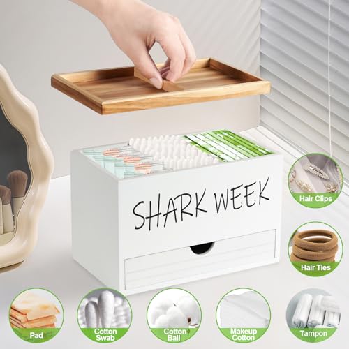 Tampon Holder for Bathroom, Feminine Product Organizer with Lid and Drawer, Wood Shark Week Tampon Storage, Lady Stuff Box for Bathroom Accessories and Toilet Organizer