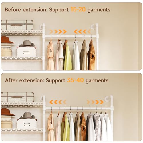 ONBRILL H3 Wall Mounted Closet System, Expandable Industrial Pipe Clothes Rack Clothing Rack for Hanging Clothes, Heavy Duty Closet Organizers and Storage in Wardrobe Closet, White - color: White