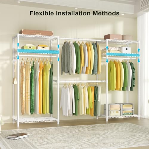 Ulif E1 Heavy Duty Closet Garment Rack, 6 Tiers Adjustable Metal Freestanding Expandable Clothing Storage with 4 Hanger Rods, Easy to Assemble Wardrobe, 71.4" H x (70" - 88.2") L x 14" D, White - color: White