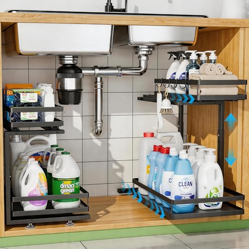 2 Pack Under Sink Organizers and Storage, Heavy Duty Metal Pull Out Cabinet Organizer with Ball-Bearing Slides, Height Adjustable L-Shaped Shelf for Kitchen & Bathroom (2-Pack) - size: Double Layer