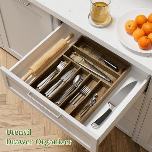 Kiasthome Acacia Wood Silverware Drawer Organizer, Kitchen Utensil Cutlery Drawer Organizer with Grooved Dividers, Flatware Organizer Silverware Tray Holder for Spoon, Fork, 13''x16.9'' (7 Slots) - size: 7 Slots
