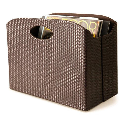BLU MONACO Brown Woven Leather Magazine Holder Basket with Handles | Vertical File Organizer for Desk | File Folder Storage Bin for Office, Living Room or Bathroom - color: Brown