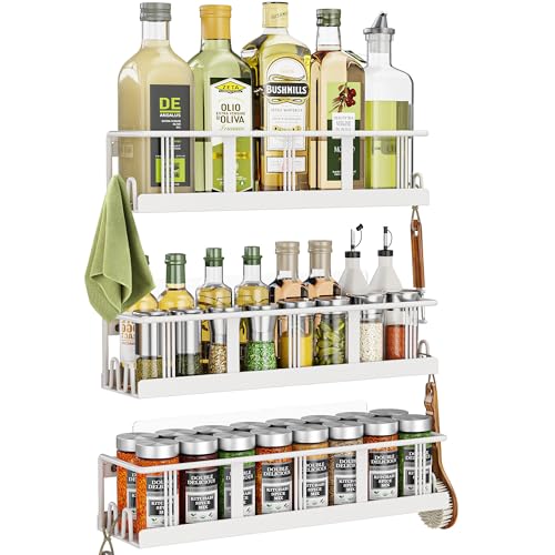 Bunoxea Spice Rack Wall Mounted 3 Pack, Space-Saving Spice Organizer for Spice Jars and Seasonings,Screw or Adhesive Hanging Spice Rack Organizer for Your Kitchen Cabinet,or Pantry Door White - color: White, size: 3 Pack