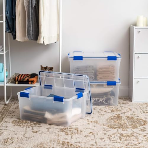 IRIS USA WeatherPro 60 Qt Storage Bins with Lids, 3 Pack, BPA-Free Plastic Gasket Box with Tight Latch and Seal, Stackable Nestable Tote Tub - Clear/Blue - size: 60 Qt. - 3 Pack