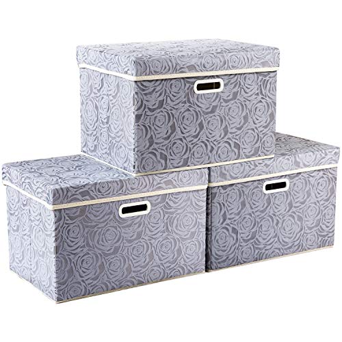 PRANDOM Large Storage Boxes with Lids [3-Pack] Fabric Decorative Storage Bins Cubes Organizer Containers Baskets with Handles for Closet Grey 17.7x11.8x11.8 In For 6+ Year Old Boys and Girls - color: Gray, size: Large(3-Pack)