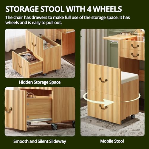 FURSUN 3-in-1 Vanity with Flip Mirror & Lights, Fluted Compact Vanity Table with 3 Drawers, Storage Compartment and Rolling Stool, Modern Small Makeup Vanity for Bedroom, Powder Room, Natural Oak - size: 15.7"D x 18.2"W x 46.9"H, style: Natural Oak