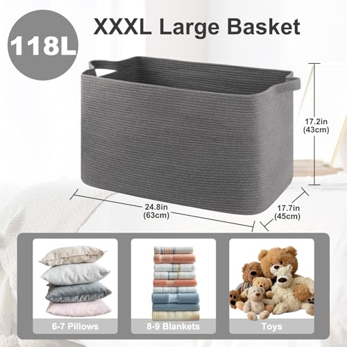 OIASKET 118L Extra Large Blanket Basket, 24.8" x 17.7" x 17.2" Woven Storage Basket for Living Room, Rectangle Nursery Blanket Storage for Toys, Towels, Dirty Clothes (Grey) - color: Grey, size: 24.8"x17.7"x16.2"
