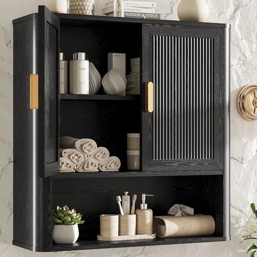 INNOD Bathroom Wall Cabinet, Wall-Mounted Medicine Cabinet with Adjustable Wood Shelf & Doors, Floating Bathroom Cabinet Over Toilet for Laundry Room & Kitchen & Living Room (Black) - color: Black