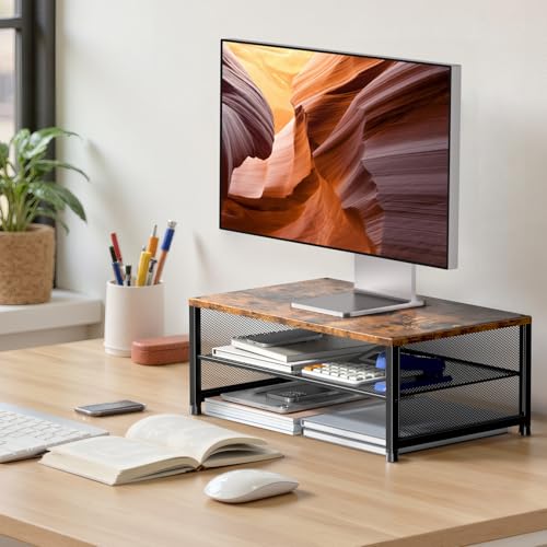ECOLOVI 2-Tier Computer Monitor Stand Riser, Desk Organizer for Monitor, Printer & Laptop Stand, Desktop Workspace Organizers for Office Supplies(Brown) - color: Brown