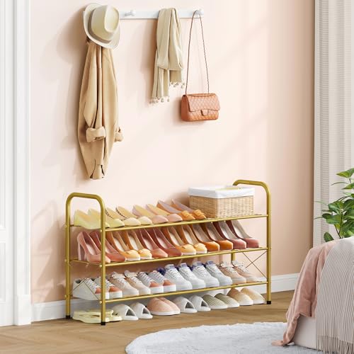 Hoctieon 3 Tier Mesh Style Shoe Rack, Entryway Shoe Shelf, Shoe Storage Organizer, Shoe Rack for Closet, Space Save for Bathroom, Garage, Hallway, Bedroom, Living Room, Gold - color: Gold, size: 3 Tier
