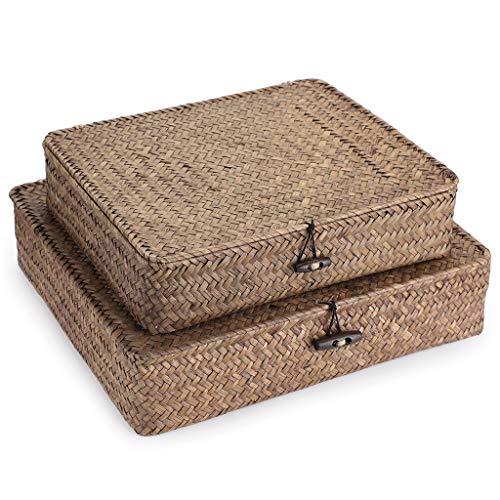 Hipiwe Set of 2 Flat Woven Wicker Storage Bins with Lid Natural Seagrass Basket Multipurpose Home Boxes for Shelf Organizer (Coffee) - color: Coffee, size: Small+Large