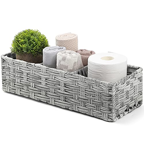 [Larger Compartments] Toilet Tank Topper Paper Basket - Multiuse Hand Woven Plastic Wicker Basket with Divider for Organizing, Rustic Farmhouse Bathroom Decor, Countertop Organizer Storage, Gray Wash - color: Gray Wash