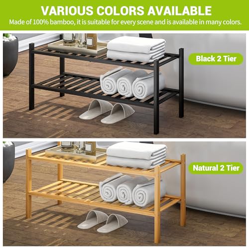 BMOSU 2-Tier Bamboo Shoe Rack Premium Stackable Shoe Shelf Storage Organizer for Hallway Closet Living Room Entryway Organizer (Black Bamboo) - color: Black Bamboo, size: 2-Tier（27*11*12.6inches）