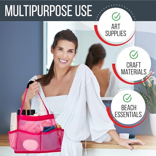 Masirs Shower Caddy Mesh - 9 Pocket Portable Bathroom Organizer Tote for Travel, Gym & Dorm - Collapsible Small Shower Caddy Bag to Hold Toiletries & Essentials (Pink) - color: Pink