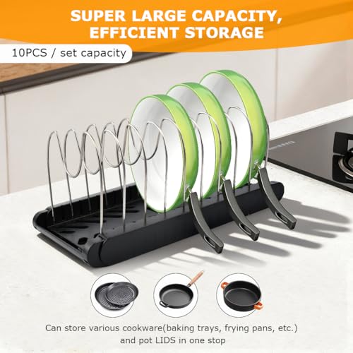 Expandable Pot and Pan Organizer Rack for Kitchen Cabinet or Under Sink,with 10 Adjustable Compartment 13"-23" Adjustable Length for Lids Bakeware Frying Rack and Cookware(COLOR:Black) - color: Black
