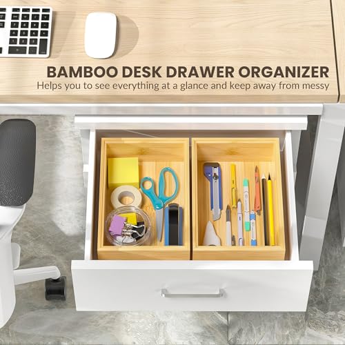 Kitchen Drawer Organizer Bins, Stackable Bamboo Drawer Organizer for Silverware, Flatware, Deep Office Desk Drawer Organizer Tray, Desktop Pen, Office Organization 9" x 6" x 2.5" (Set of 2) - color: Bamboo, size: 9 x 6 x 2.5 Inch
