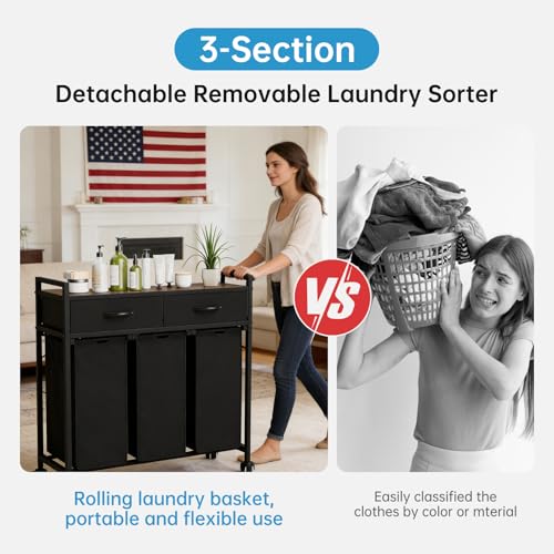 Laundry Sorter with 3 Section Pull Out Bags Rolling Laundry Basket Organizer with 2 Drawers Laundry Hamper with Shelves and Wheels for Laundry Room, Bathroom, Bedroom Organization (1 Tier) - size: 1 Tier