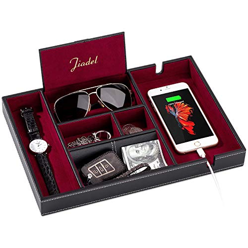 Valet Tray | 6 Compartments | Bedroom Organizer with Charging Station | Perfect for Men and Women | Black PU Leather | Decorative Gift Box | RED … - color: Red