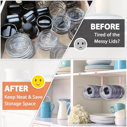 2 Pack Tumbler Lid Organizer, Horizontal Tumbler Lid Storage Hook to Hold Up 20 Lids, Space Saving Cup Lid Holders Under Cabinet Tumbler Lid Hook for Kitchen Organizer, Paper Towel Rack Hanger (Pink) - color: Pink, size: 2 Pack