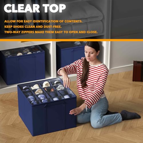SpaceAid Shoe Organizer for Closet, 2 Pack Foldable Shoe Storage Containers Baskets Boxes Bins w/Adjustable Dividers, Fits 16-32 Pairs, Blue - color: Blue
