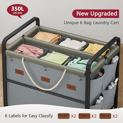 Tajsoon 350L Extra Large Laundry Cart 6 Section, Heavy Duty Laundry Sorter with Lockable Wheels, Laundry Basket with Sturdy Metal Frame, Leather Patchwork Laundry Separated with Removable Bags, Grey - color: Grey, size: 6 Bag 350L