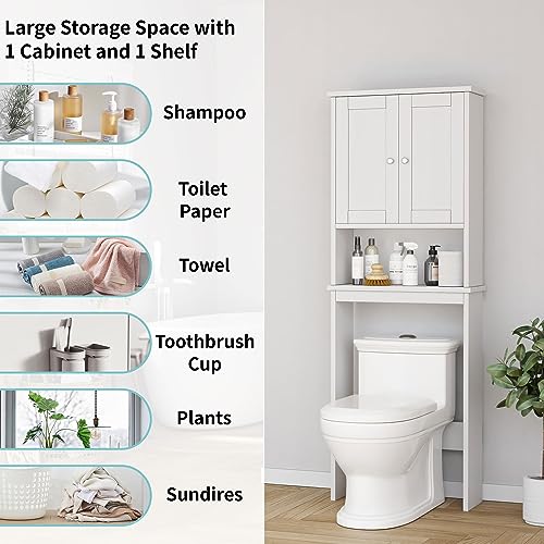 Shintenchi Over the Toilet Storage Cabinet, Bathroom Shelf Organizer with Anti-Tip Device Small Freestanding Space Saver with Adjustable Shelf，White - color: White, size: Wood Door
