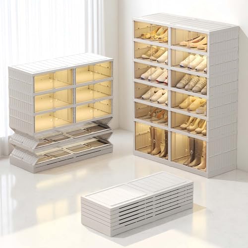 6 Tier 24 Pairs Large Shoe Rack Organizer with Doors, Foldable Collapsible Plastic Shelf, Stackable Storage Cabinet for Closet, Entryway, Hallway, Living Room - Easy Assembly - size: 6 Tiers 24 Pairs