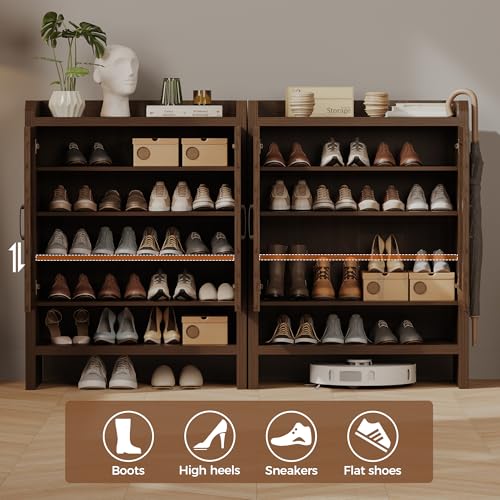 Mericonia 6-Tier Shoe Cabinet Storage for Entryway, Rattan Shoes Organizer Cabinets with Doors, Wooden Shoe Rack, Farmhouse Boho Wood Storage Cabinet (Walnut, 6-Tier) - color: Walnut, size: 6-tier