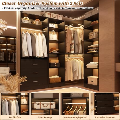 Besiost Corner Closet System with 3 Drawers, Corner Closet Organizer System with 13 Shelves & 3 Hanging Rods, 63.2"L * 39.2"W Reversible L Shaped Walk-in Closets, Load 2000+LBS, Black - color: Black, size: 39.2" * 63.2"