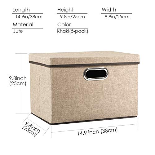 PRANDOM Collapsible Storage Containers with Lids [5-Pack] Jute Fabric Foldable Storage Bins Boxes Organizer Baskets Cube with Cover for Home Bedroom Closet Office Nursery (14.9x9.8x9.8) - color: Khaki, size: M(5-Pack)