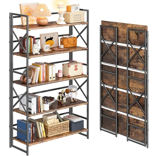 4NM Extra Wide 5 Tiers No Assembly Book Shelves, 51.2" H Folding Bookshelf Bookcase Open Industrial Foldable Shelves for Bedroom, Living Room, Home Office - Rustic Brown Black - color: Rustic Brown Black, size: Wide XX 5-Tier