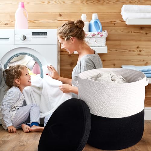 Large Storage Basket with Lid 60L, 16"Wx18"H Woven Laundry Hamper Basket with Handle, Room Decor Cotton Rope Wicker Basket Toy Organizer Bins for Clothes Blankets Pillows, Black/White Mix includes Lid - color: Black/White Mix-16"Wx18"H