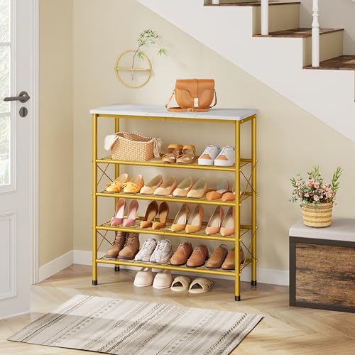 Tajsoon 5 Tier Shoe Rack Organizer for 16-20 Pairs of Shoes, Metal Mesh Shoe Shelf for Closet, Industrial Shoe Rack for Entryway Shoe Storage with X Shape Fixed Frame, White & Gold - color: White & Gold, size: 5-Tier