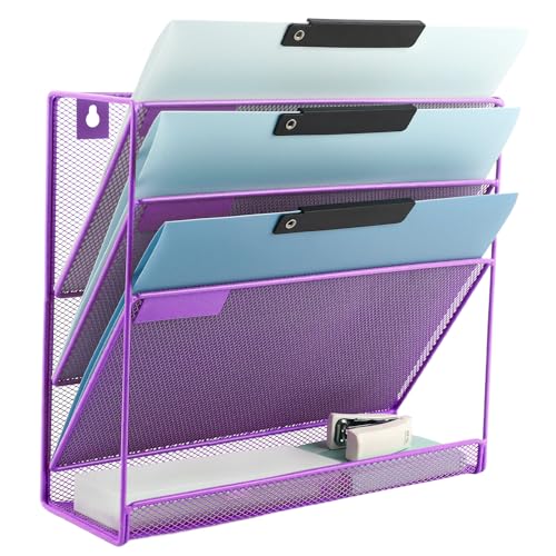 EASEPRES Desk File Organizer Mesh 4-Tier, Hanging Wall Mount Document Organization Stand, Desktop Vertical Mail Paper Folder Holder Rack with Bottom Tray for Office Home Cubicle Countertop, Purple - color: Purple, size: 4 Tier