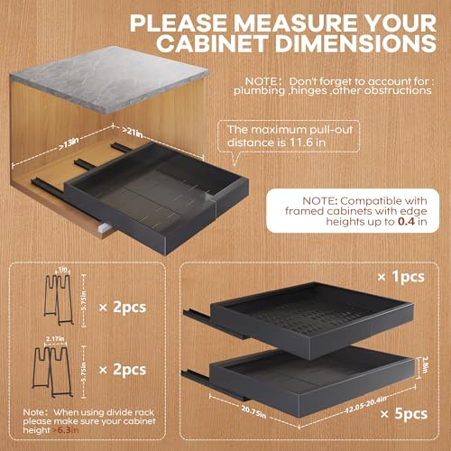 Seinloes 6Pack Expandable Pull Out Cabinet Organizer 21"Deep with Raising Pad for Framed Cabinets,Slide Out Drawers with 4pcs Divider Racks,Roll Out Shelves Adhesive,Adjustable Width 12.05"-20.4"Black - color: Black, size: 21"D x 12.05"-20.4"W(6Pack)