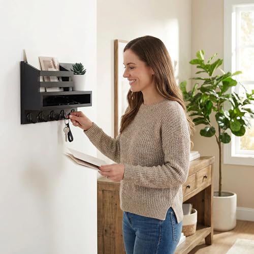 Wall Key Rack - Mail Organizer with 5 Key Hooks, Paulownia Wood, 11.8x7.1 Inches, Apartment Wall Decor, Installation Accessories Included (Black) - color: Black