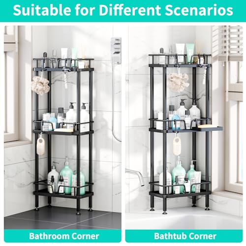 HapiRm Standing Corner Shower Caddy - 3 Tier Corner Shower Organizer with Soap Holder, Rustproof Stainless Steel Bathroom Shelf with 4 Hooks, Black - color: Black