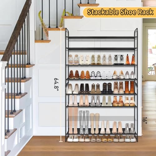SLEEPING LAMB Long 4-Tier Shoe Organizer for Closet, Stackable Wide Shoe Rack Holds 30-Pairs Low Shoe Shelf Storage for Bedroom, Floor, Entryway(Black) - color: Black, size: 11.4 x 42.5 x 32.4