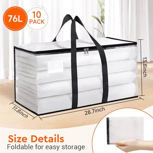 BlissTotes Clear Moving Bags Heavy Duty, 76L Extra Large Storage Bags with Zipper & Reinforced Handles, Waterproof PP Moving Totes for Clothes, Bedding, Comforters, Space Saving Storage (10 Pack) - size: 76L