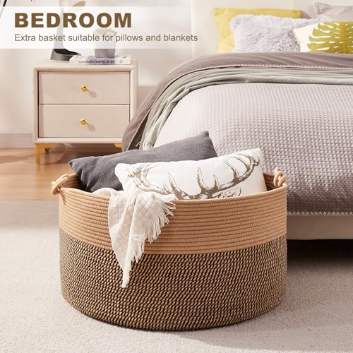 OIASKET Large Blanket Storage Basket for Living Room, 22.8" x 22.8" x 13" Woven Cotton Rope Basket with Handles, Baby Toy Storage, Laundry Hamper for Clothes, Pillows, Towels-Brown and Black - color: Brown & Black, size: 90L