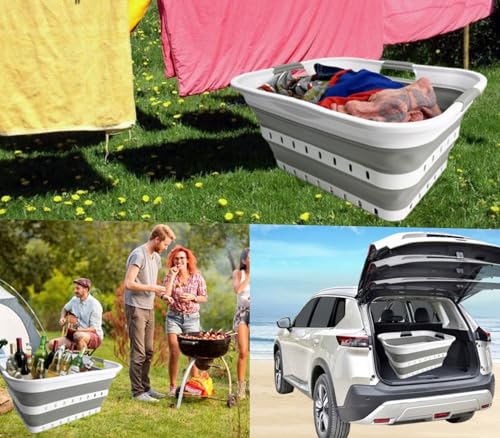 SAMMART 42L (11 gallon) Collapsible Plastic Laundry Basket - Foldable Pop Up Storage Container/Organizer - Space Saving Hamper/Basket (1, Grey/White) - color: Grey/White