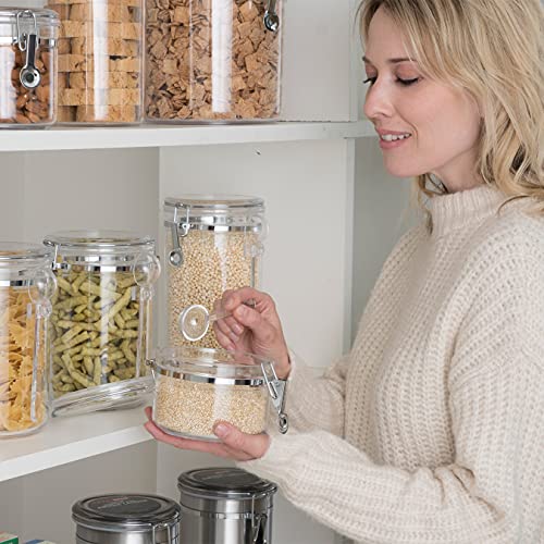 Oggi Clear Canister Airtight 72oz - Clamp Lid & Spoon - Airtight Food Storage Container, for Kitchen & Pantry Storage of Bulk, Dry Foods, Pasta, Flour, Sugar, Coffee, Rice, Tea, Spices & Herbs - size: 72 Fluid Ounces