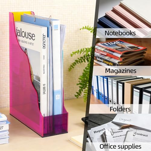 Acrylic File Organizer, Vertical Magazine File Holder, Cute Desk Storage for Holds Files Papers Magazines, Colorful