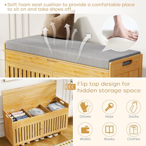 Shoe Storage Bench Coat Rack Set, 35.4" Bamboo Shoes Bench with Lift Top Hidden Storage & Wall Hooks, Hall Tree Entryway Bench with Seat Cushion, 2-Tier Shoe Cabinet for Entryway, Living Room, Bedroom - color: Natural With Hooks