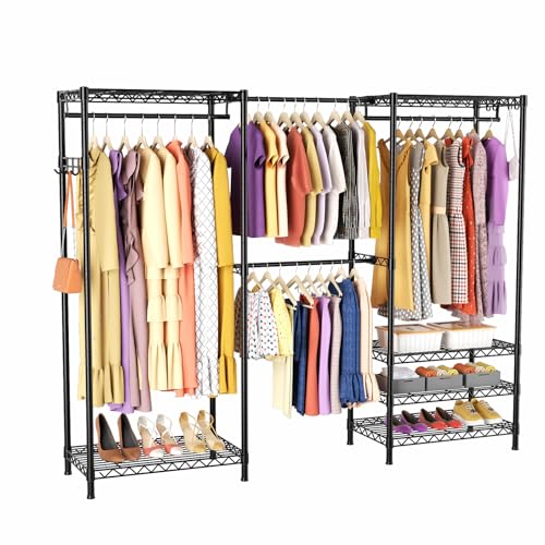 Heavy Duty Closet Garment Rack, 6 Tiers Adjustable Metal Freestanding Expandable Clothing Storage with 4 Hanger Rods, Easy to Assemble Wardrobe, 71.4" H x (70" - 88.2") L x 14" D, Black - color: Black