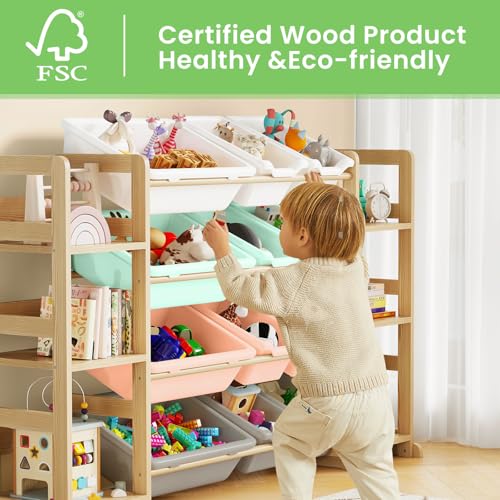 EXPERLAM Extra Large Toy Storage - Toy Storage Organizer, Wooden Toy Organizer with 6 Side Shelves and 12 Bins, 3-in-1 Bookshelf for Kids Rooms, Playroom, Nursery, Multi Color - color: Multi Color, size: 52 inches (L) x 11 inches (W) x 31.5 inches (H)