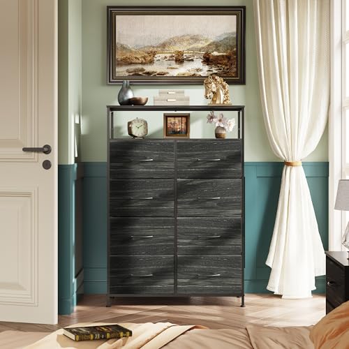 WLIVE Fabric Dresser for Bedroom with Open Shelves, Tall Dresser with 8 Drawers, Storage Tower with Fabric Bins, Chest of Drawers for Closet, Living Room, Hallway, Charcoal Black Wood Grain Print - color: Charcoal Black Wood Grain Print, style: Raised She
