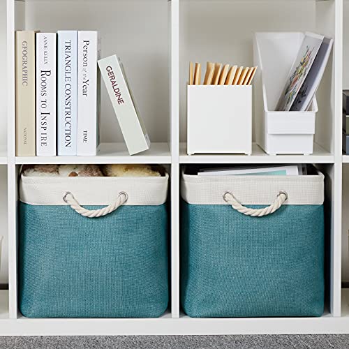 Bidtakay Foldable Storage Bins Set of 2 Tall Cloth Baskets 16" X 11.8" X 11.8" Decorative Organizers for Linen Closet (White & Teal) - color: White&Teal, size: 2 Pack-L-16x11.8x11.8 In