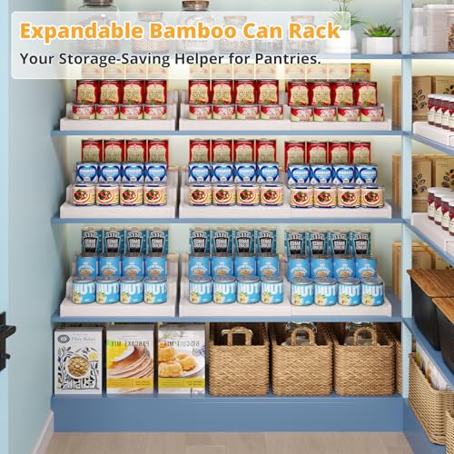 Expandable Bamboo Can Rack Organizer for Pantry, 3-Tier Adjustable Can Storage for Kitchen Cabinets, Soda & Canned Goods Holder for Pantry Organization, Holds Up to 24 Cans, White (Patent Pending) - color: White